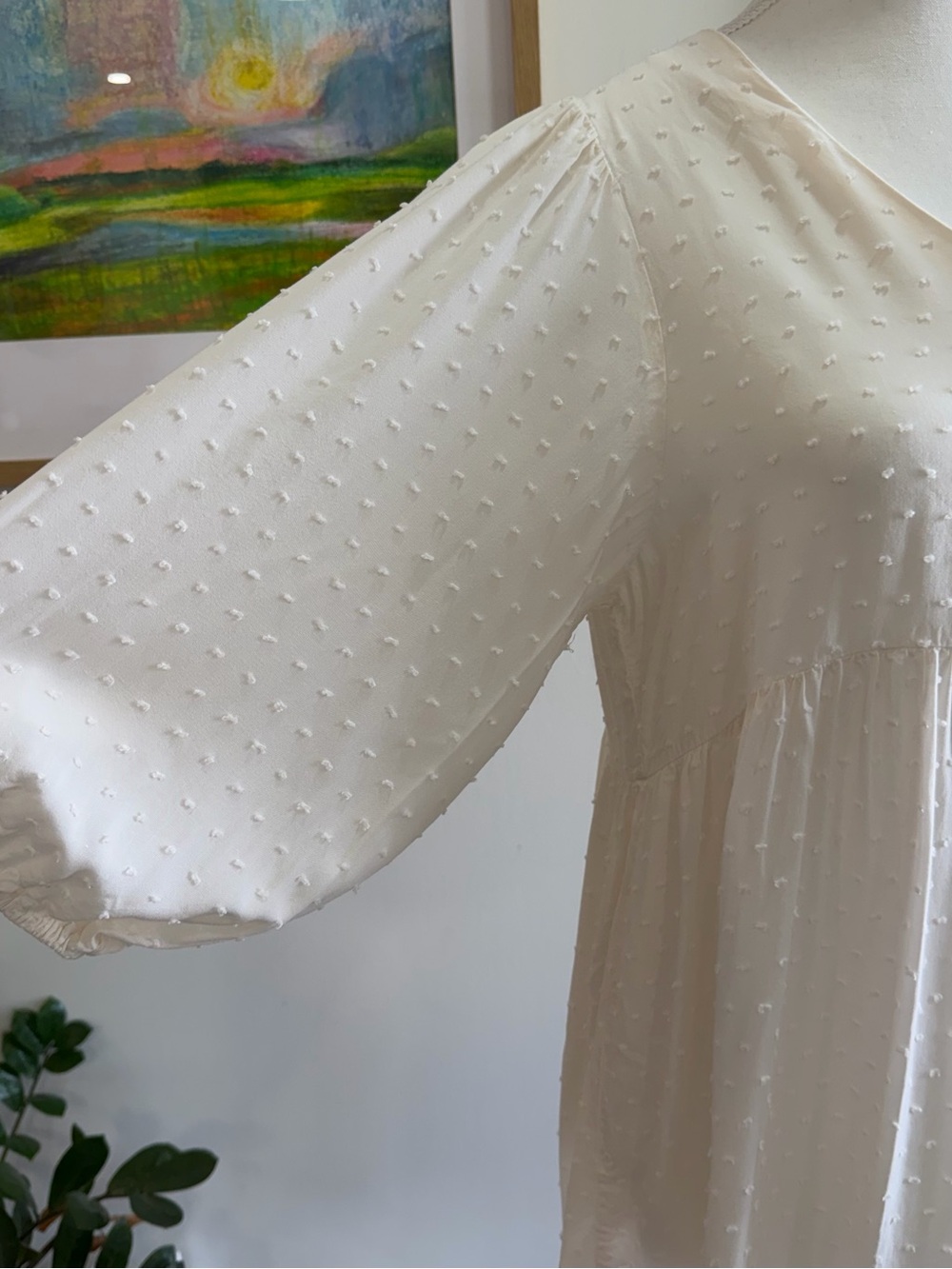 Monk & Lou Cream Swiss Dot Babydoll Dress V-Neck Balloon Sleeve Boho Ivory Small